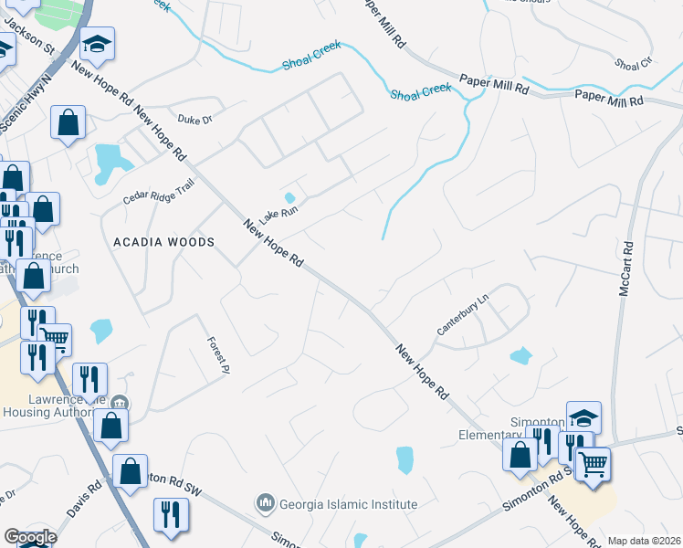 map of restaurants, bars, coffee shops, grocery stores, and more near 570 New Hope Road in Lawrenceville
