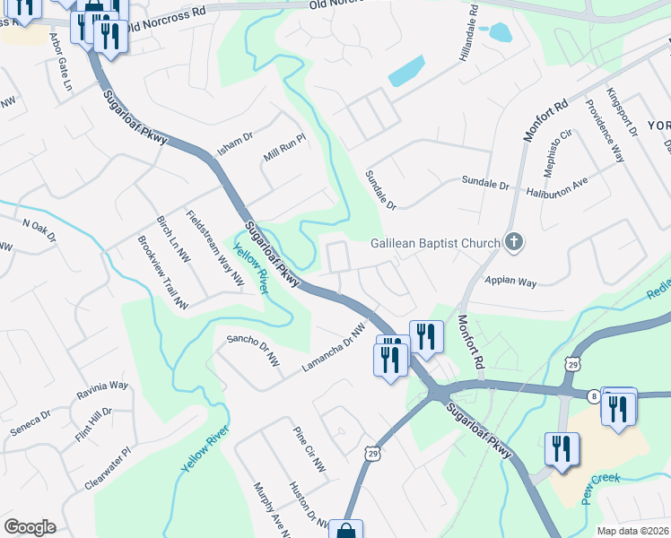 map of restaurants, bars, coffee shops, grocery stores, and more near 1626 River Main Court in Lawrenceville