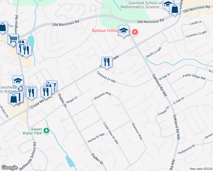map of restaurants, bars, coffee shops, grocery stores, and more near 816 Oakland Falls Court in Lawrenceville