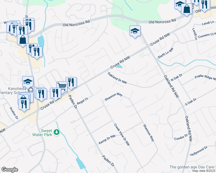 map of restaurants, bars, coffee shops, grocery stores, and more near 2365 Oakland Trail Way in Lawrenceville