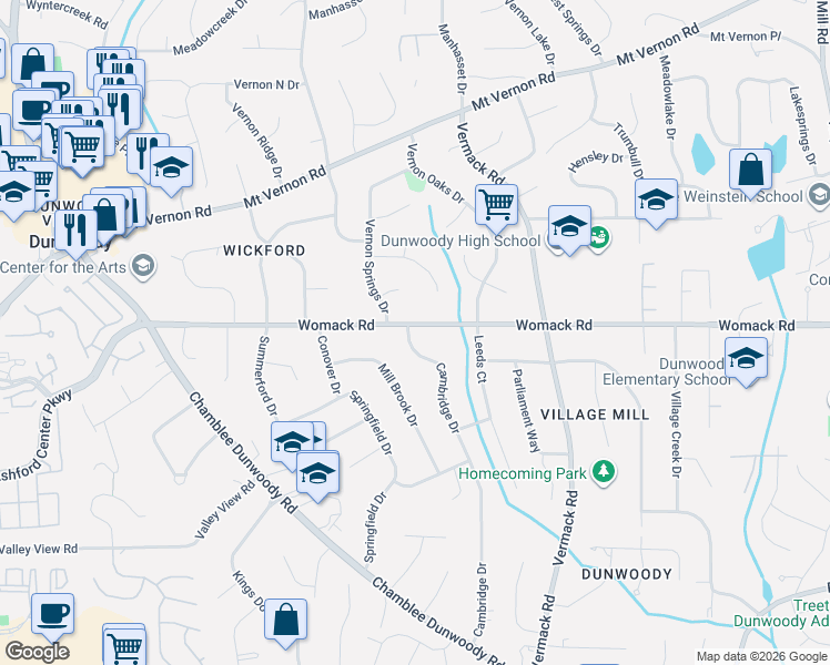 map of restaurants, bars, coffee shops, grocery stores, and more near 1641 Womack Road in Dunwoody