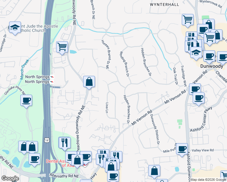 map of restaurants, bars, coffee shops, grocery stores, and more near 6890 Hunters Trace Circle Northeast in Atlanta