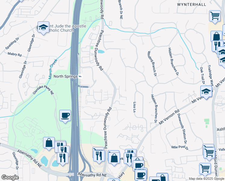 map of restaurants, bars, coffee shops, grocery stores, and more near 6890 Peachtree Dunwoody Road in Atlanta