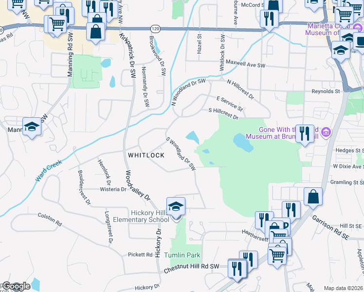 map of restaurants, bars, coffee shops, grocery stores, and more near 399 South Woodland Drive Southwest in Marietta