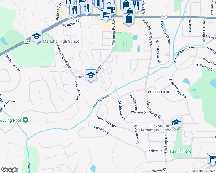 map of restaurants, bars, coffee shops, grocery stores, and more near 374 Manning Villas Drive in Marietta