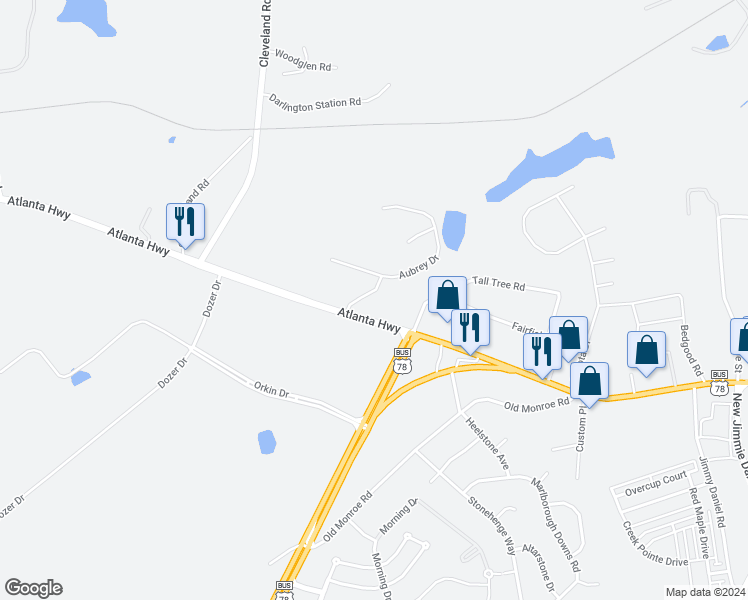 map of restaurants, bars, coffee shops, grocery stores, and more near 160 Nunnally Street in Bogart