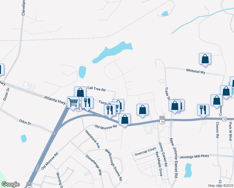 map of restaurants, bars, coffee shops, grocery stores, and more near 315 Tall Tree Road in Bogart