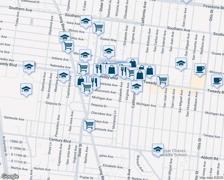 map of restaurants, bars, coffee shops, grocery stores, and more near 3341 Wisconsin Avenue in South Gate