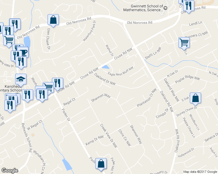 map of restaurants, bars, coffee shops, grocery stores, and more near 786 Oakland Falls Court in Lawrenceville