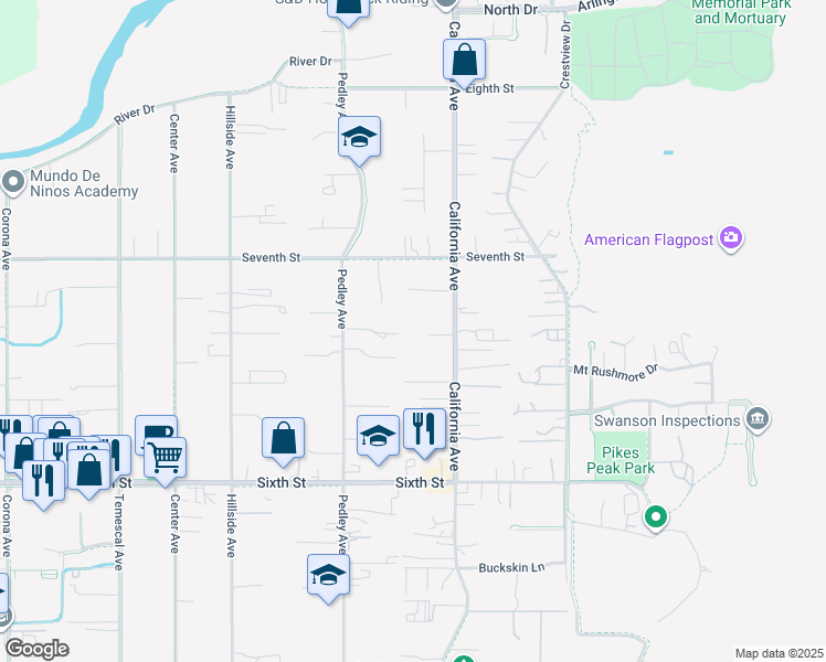 map of restaurants, bars, coffee shops, grocery stores, and more near 361 Spur Drive in Norco