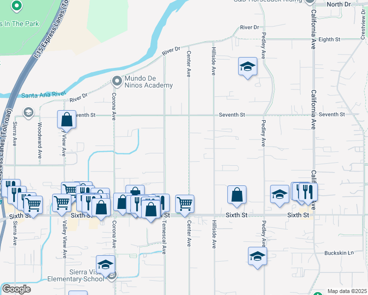 map of restaurants, bars, coffee shops, grocery stores, and more near 4234 Center Avenue in Norco