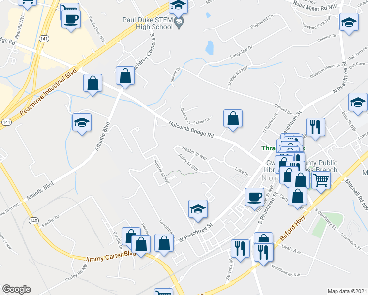 map of restaurants, bars, coffee shops, grocery stores, and more near 482 Nesbit Street Northwest in Norcross