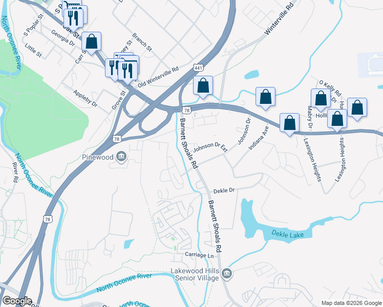 map of restaurants, bars, coffee shops, grocery stores, and more near 215 Johnson Drive Extension in Athens