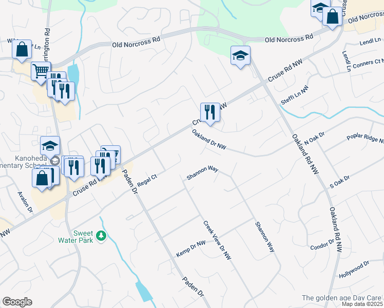 map of restaurants, bars, coffee shops, grocery stores, and more near 2365 Oakland Trail Way in Lawrenceville