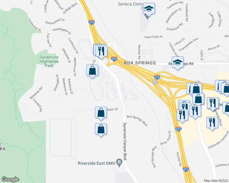 map of restaurants, bars, coffee shops, grocery stores, and more near 5925 Sycamore Canyon Boulevard in Riverside