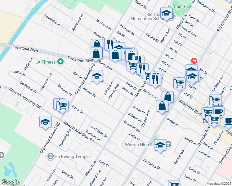 map of restaurants, bars, coffee shops, grocery stores, and more near in Downey