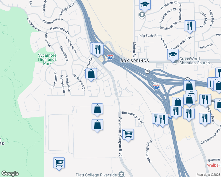 map of restaurants, bars, coffee shops, grocery stores, and more near 5925 Sycamore Canyon Boulevard in Riverside