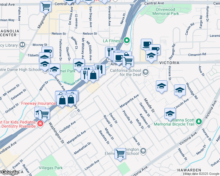map of restaurants, bars, coffee shops, grocery stores, and more near 6667 Piccadilly Street in Riverside
