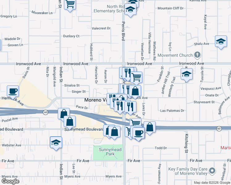 map of restaurants, bars, coffee shops, grocery stores, and more near 12215 Carnation Lane in Moreno Valley