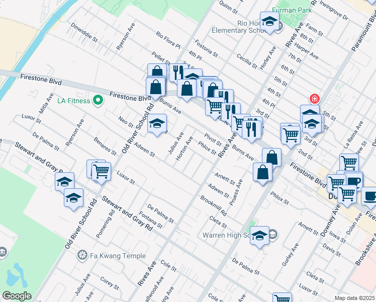 map of restaurants, bars, coffee shops, grocery stores, and more near 7649 Arnett Street in Downey