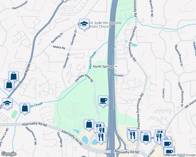 map of restaurants, bars, coffee shops, grocery stores, and more near 55 Glenlake Parkway Northeast in Sandy Springs