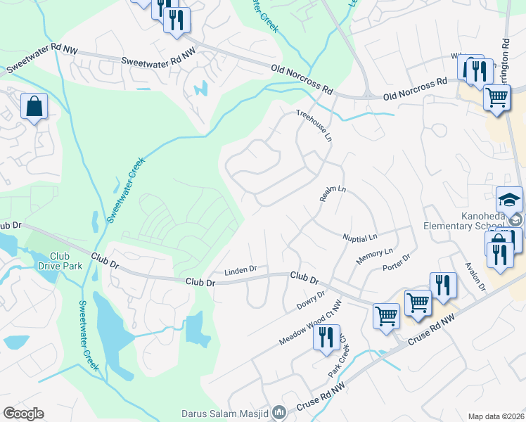 map of restaurants, bars, coffee shops, grocery stores, and more near 1247 Shade Court in Lawrenceville