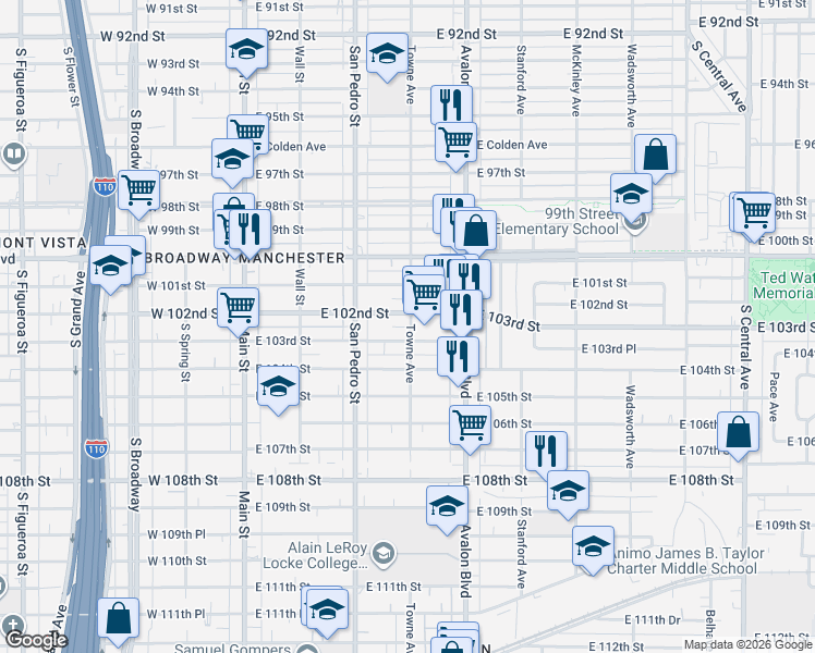 map of restaurants, bars, coffee shops, grocery stores, and more near 358 East 102nd Street in Los Angeles