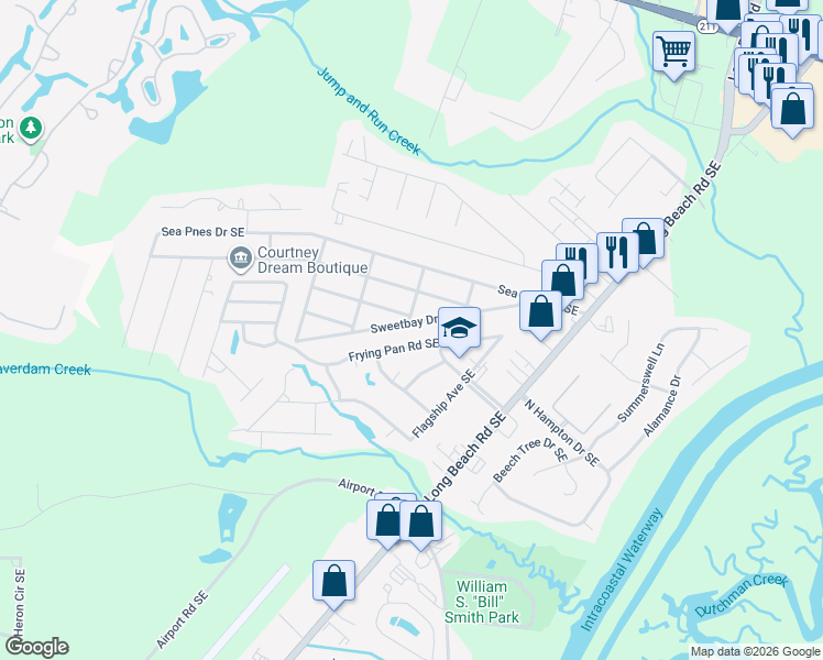 map of restaurants, bars, coffee shops, grocery stores, and more near 4441 Sweetbay Drive Southeast in Southport