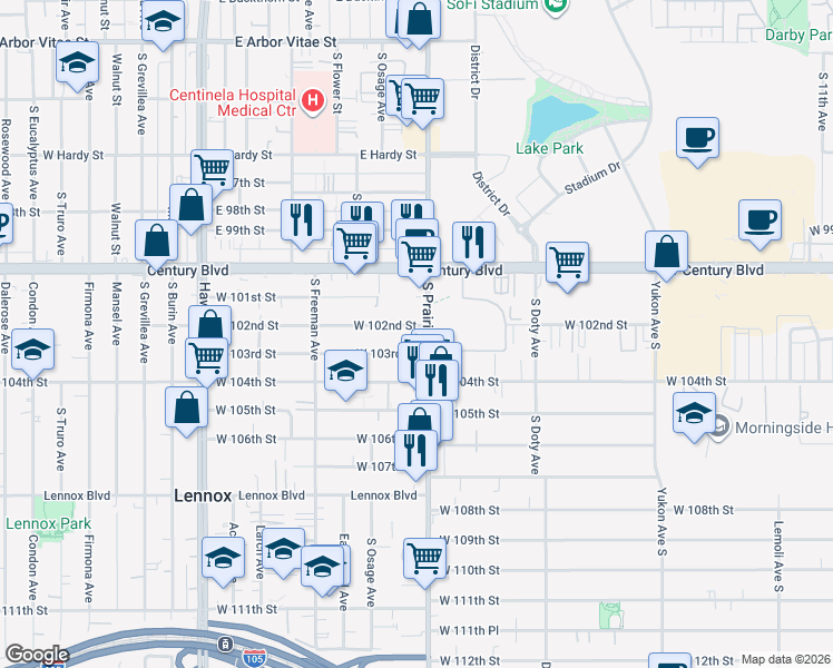 map of restaurants, bars, coffee shops, grocery stores, and more near 10205 South Prairie Avenue in Inglewood