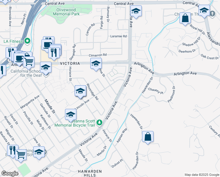 map of restaurants, bars, coffee shops, grocery stores, and more near 2866 Anna Street in Riverside