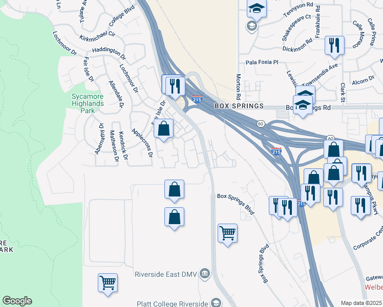 map of restaurants, bars, coffee shops, grocery stores, and more near 5925 Sycamore Canyon Boulevard in Riverside