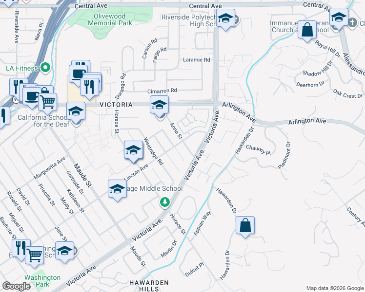 map of restaurants, bars, coffee shops, grocery stores, and more near 2866 Anna Street in Riverside