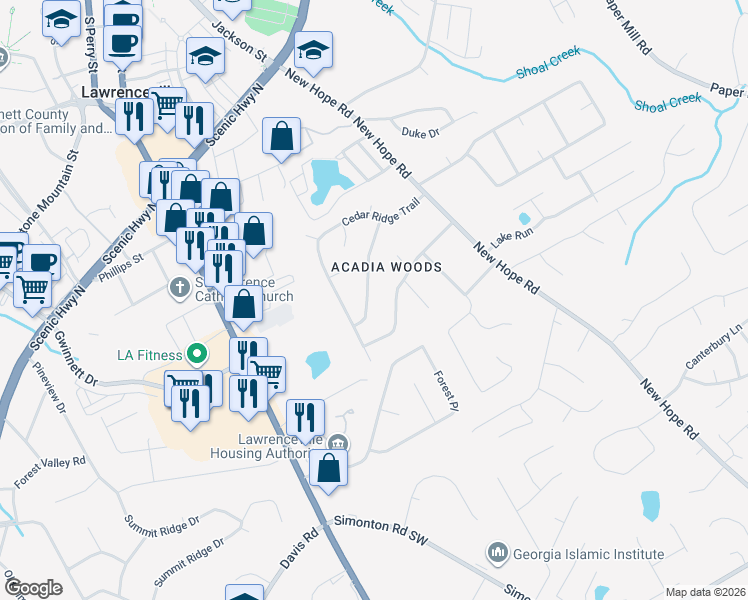 map of restaurants, bars, coffee shops, grocery stores, and more near 423 Hemlock Drive in Lawrenceville