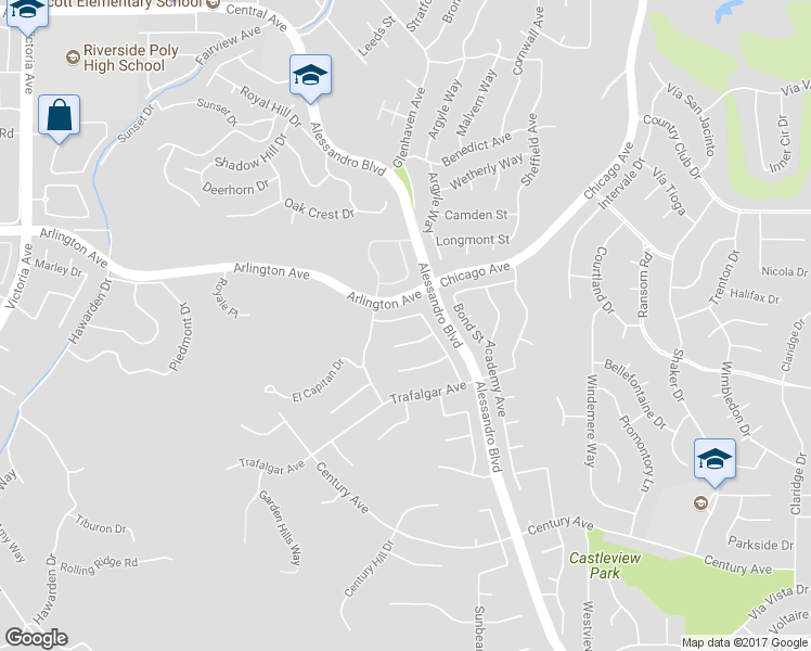 map of restaurants, bars, coffee shops, grocery stores, and more near 2170 Buckskin Place in Riverside