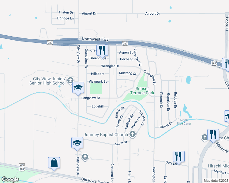 map of restaurants, bars, coffee shops, grocery stores, and more near 1609 Grandview East in Wichita Falls