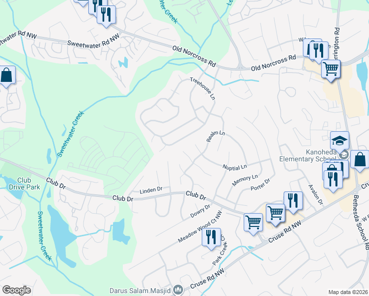 map of restaurants, bars, coffee shops, grocery stores, and more near 3055 Clipper Court in Lawrenceville