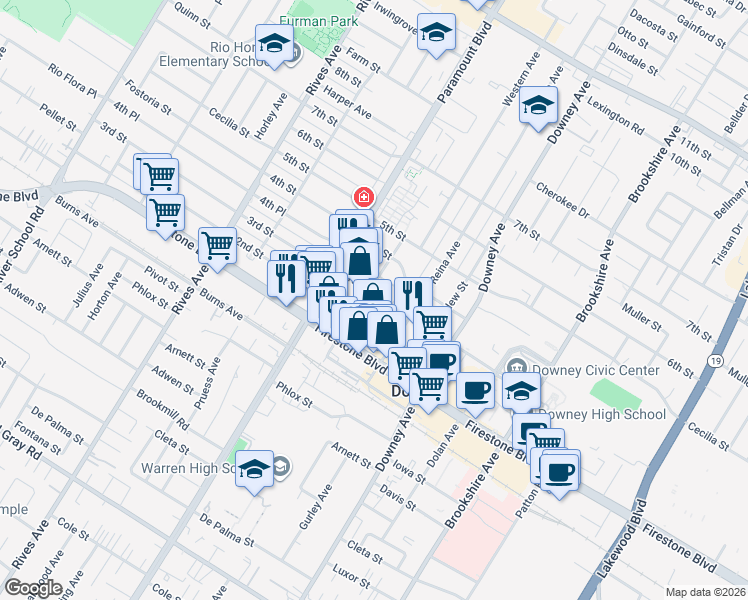 map of restaurants, bars, coffee shops, grocery stores, and more near 8110 3rd Street in Downey