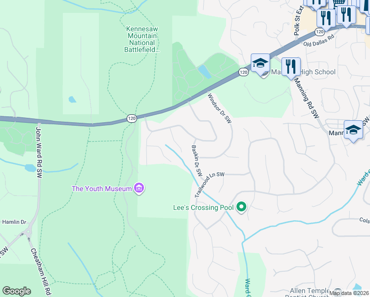 map of restaurants, bars, coffee shops, grocery stores, and more near 381 Hermitage Court in Marietta
