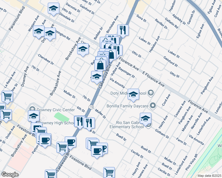 map of restaurants, bars, coffee shops, grocery stores, and more near 9044 Bigby Street in Downey