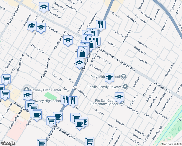 map of restaurants, bars, coffee shops, grocery stores, and more near 9044 Bigby Street in Downey