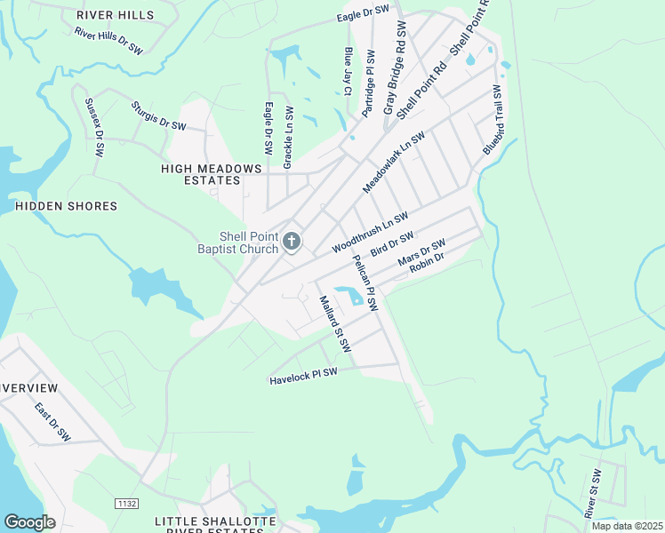 map of restaurants, bars, coffee shops, grocery stores, and more near 3028 Bird Drive Southwest in Shallotte