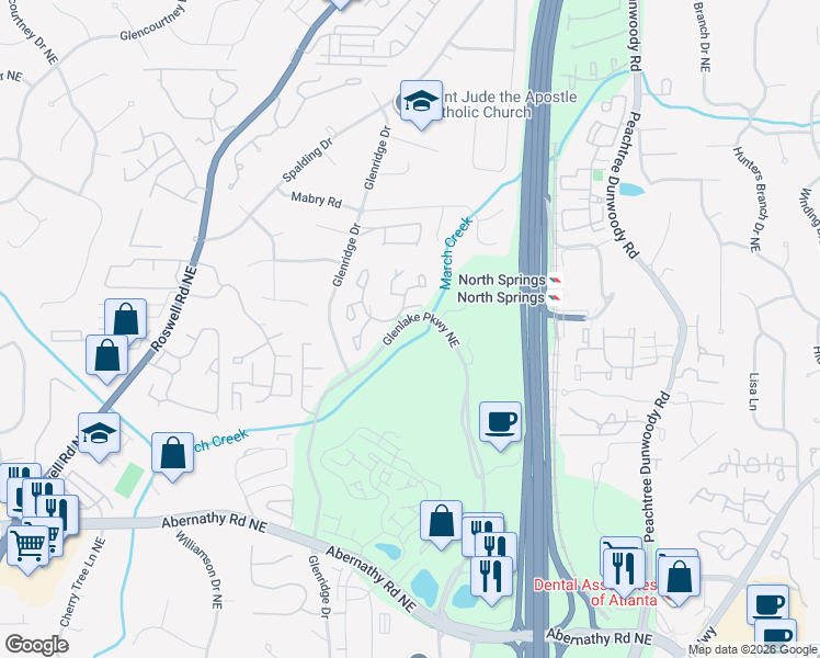 map of restaurants, bars, coffee shops, grocery stores, and more near 4240 Glenlake Parkway Northeast in Sandy Springs