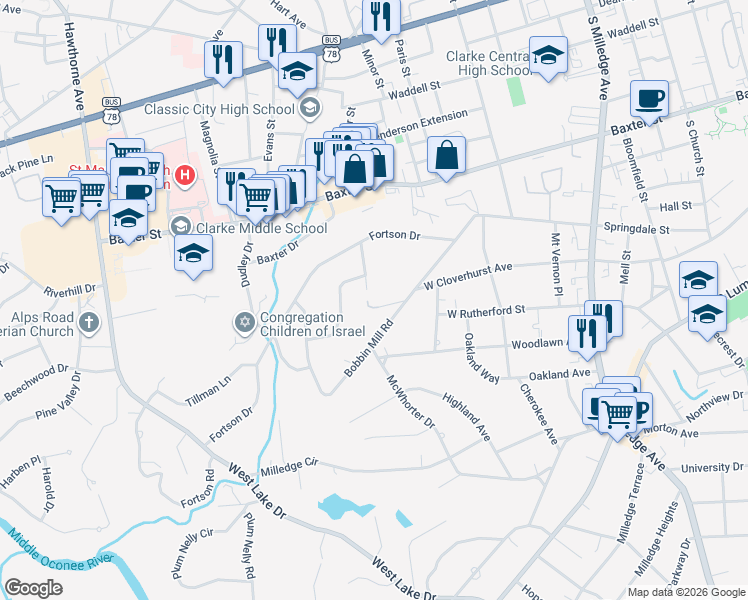 map of restaurants, bars, coffee shops, grocery stores, and more near 140 Cloverhurst Circle in Athens