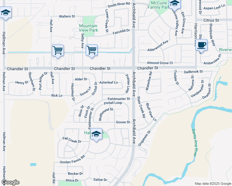 map of restaurants, bars, coffee shops, grocery stores, and more near 14356 Pointer Loop in Corona