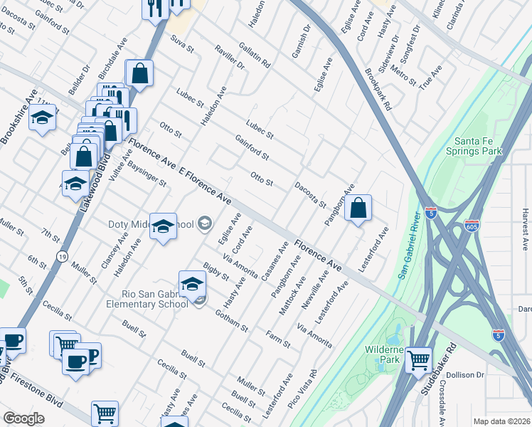 map of restaurants, bars, coffee shops, grocery stores, and more near 9371 Florence Avenue in Downey