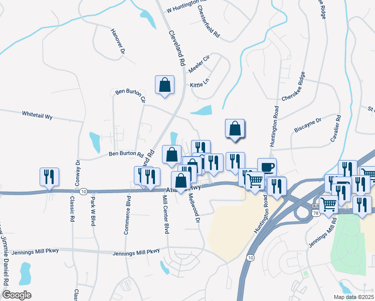 map of restaurants, bars, coffee shops, grocery stores, and more near 220 Logmont Trace in Bogart