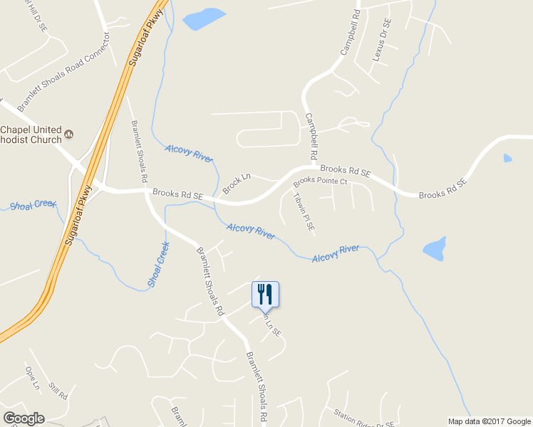 map of restaurants, bars, coffee shops, grocery stores, and more near 1271 Brooks Road Southeast in Lawrenceville