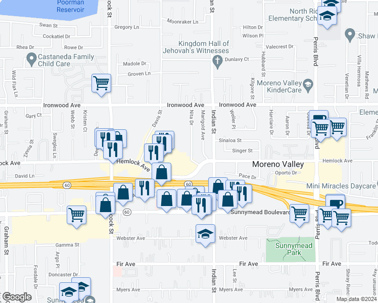 map of restaurants, bars, coffee shops, grocery stores, and more near 12209 Nita Drive in Moreno Valley