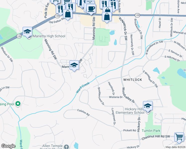 map of restaurants, bars, coffee shops, grocery stores, and more near 1009 Cannon Gate Crossing in Marietta