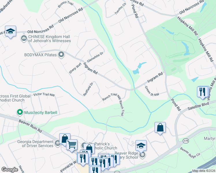 map of restaurants, bars, coffee shops, grocery stores, and more near 4985 Raquet Court in Duluth